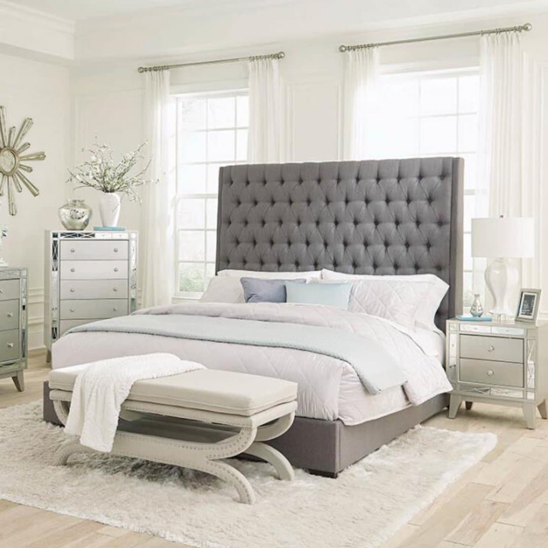 Upholstered Queen Button Tufted Bed in Grey - HER Home Design Boutique